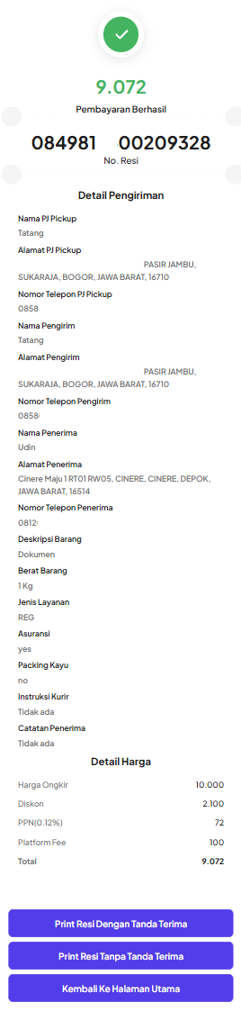 Pembayaran Pengiriman Berhasil