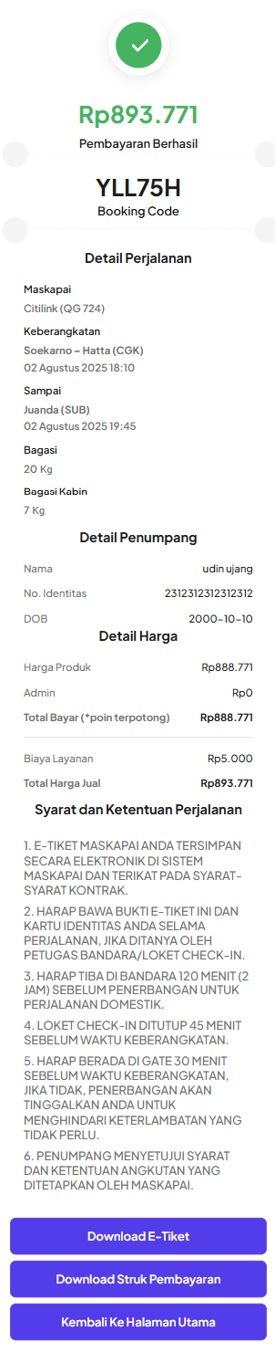 E-Tiket Pesawat Berhasil